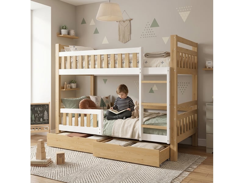  Lit superposé enfant 90x200 cm blanc et naturel, séparable en 2 lits, avec 2 tiroirs  - Conforama E