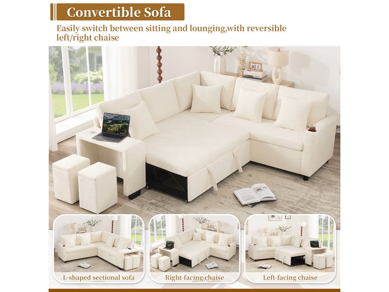  Canapé d’angle convertible l 220 x 205 x 86,5 cm avec coffre de rangement, fonction couchage, méridienne réversible, pouf coffre, usbusb-c, porte-gobelet, tissu chenille - beige  - Conforama E