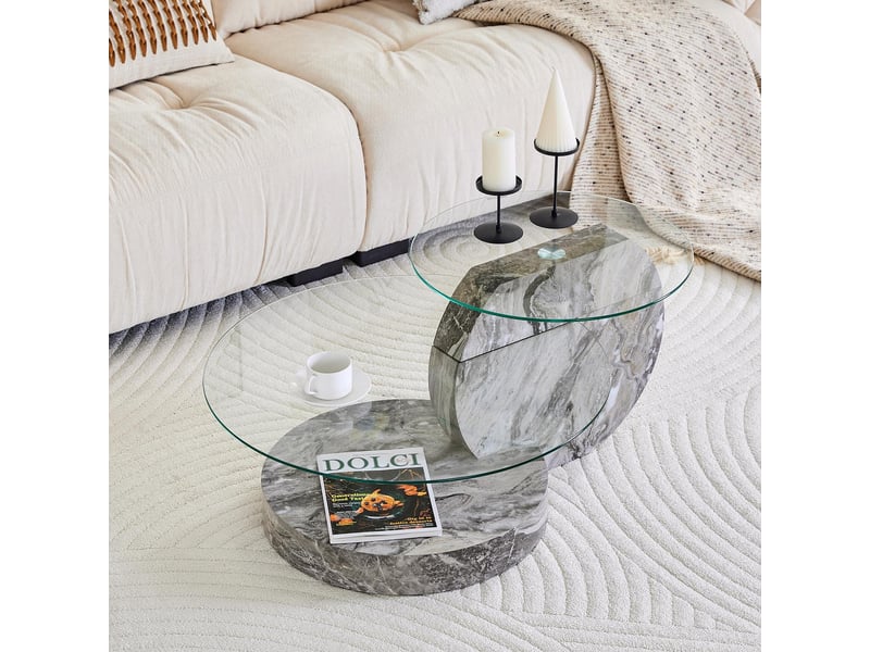  Table basse - 90x51x44cm - en verre trempé &amp; mdf - table de salon multiniveau effet marbre - gris veiné  - Conforama B