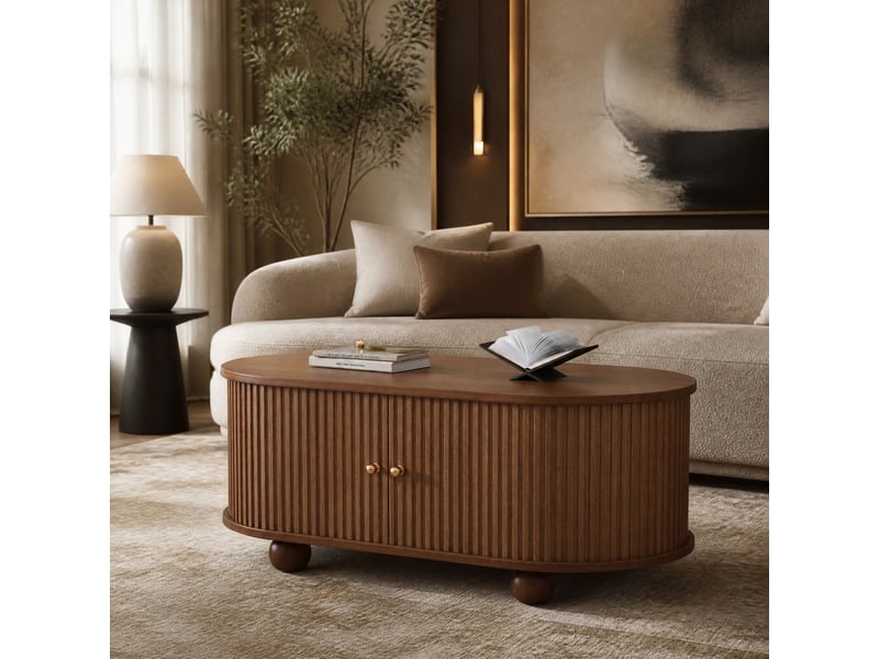  Table basse ovale couleur noyer avec rangement et portes coulissantes 100 x 50 x 40 cm  - Conforama B