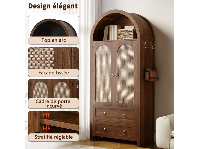  Buffet haut 80x40x180 cm, portes en rotin, 2 tiroirs, niches ouvertes, crochets latéraux, mdf, noyer  - Conforama D