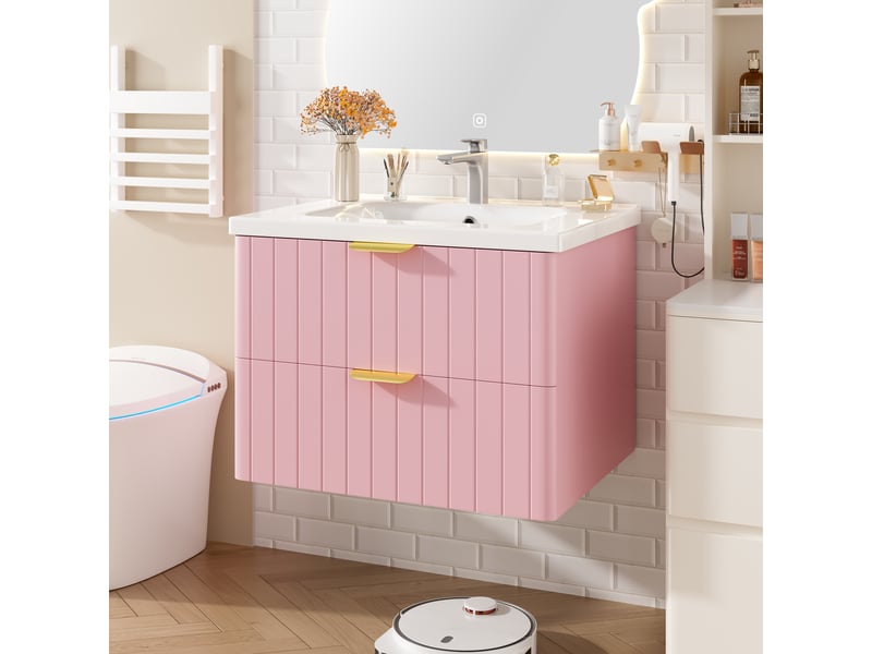 Meuble vasque suspendu rose avec lavabo céramique 60,5 cm - rangement 2 tiroirs gain de place - Conforama W