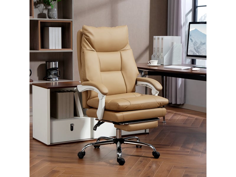 Chaise de bureau ergonomique avec soutien lombaire et repose-pieds, marron clair - Conforama D