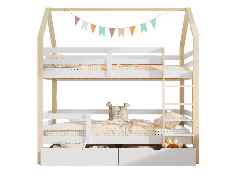  Lit enfant superposé 90x200 cm avec sommier à lattes, blanc + couleur bûche, lit superposé pour enfants avec tiroirs extra larges  - Conforama R