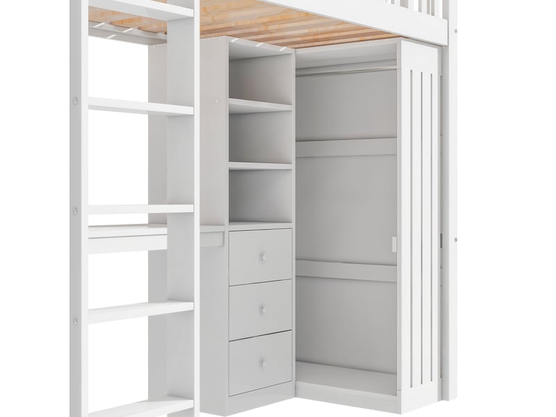  Lit mezzanine enfant 200×90 cm avec bureau, armoire, 3 tiroirs et escalier, sans matelas, en pin et mdf blanc  - Conforama E