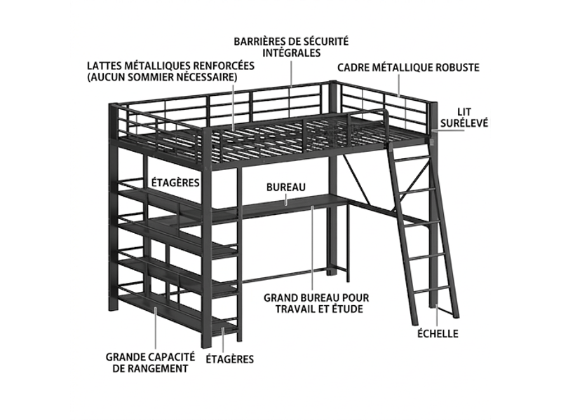  Lit mezzanine 140x200 métal noir avec bureau intégré, led et port usb sans matelas  - Conforama E