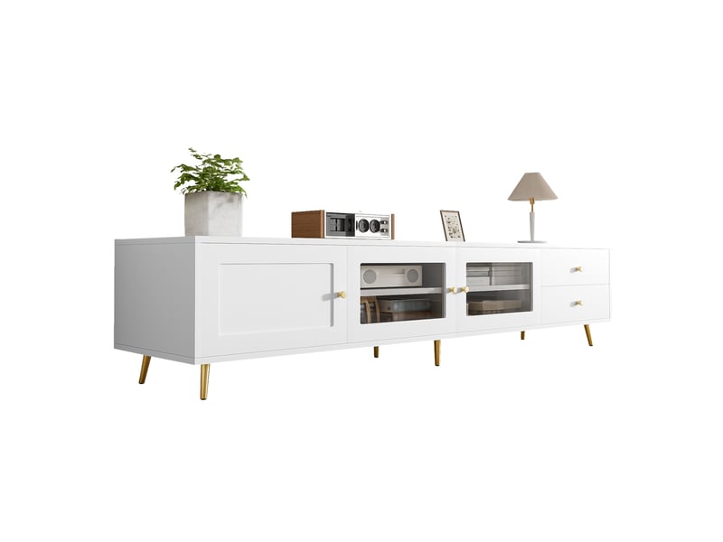  Meuble tv avec 2 tiroirs, 2 portes vitrées, 1 porte et étagères réglables, pour salon, en blanc, 170×40×43 cm  - Conforama A