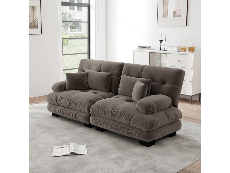 Canapé modulable 220x77x81cm 2 places, accoudoirs galbés, coussins fournis, pour le salon, revêtement chenille, marron - Conforama E