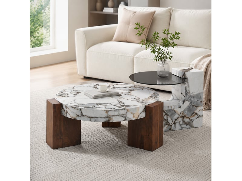  Lot de 2 tables gigognes rondes 61x30.4 cm et 44x44 cm en mdf blanc effet marbre  - Conforama B
