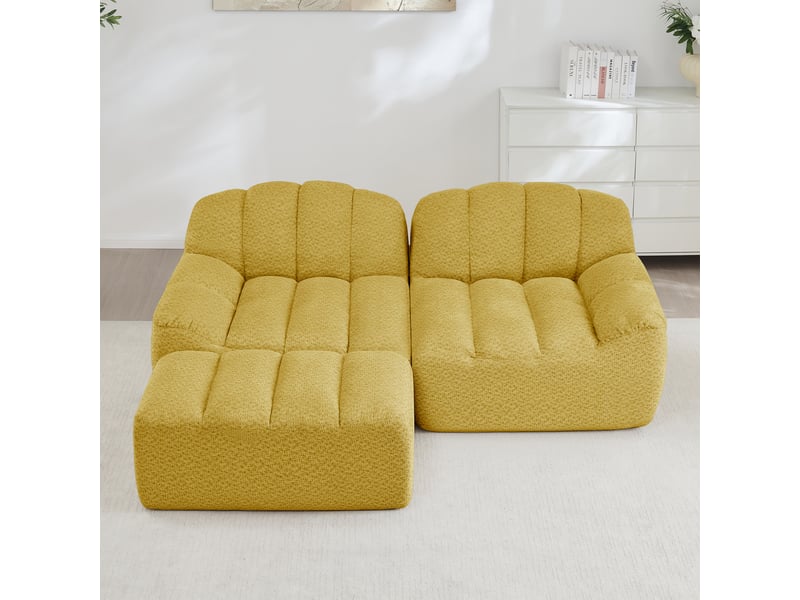  Canapé d’angle coquille 2 places avec pouf jaune – 210 x 165 x 79 cm Fay Lum - Conforama B
