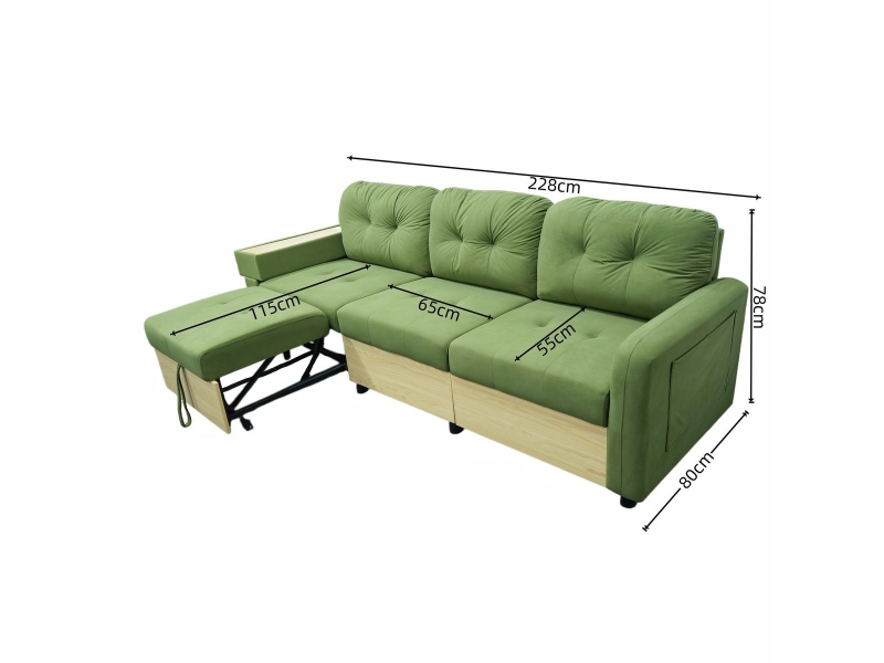  Canapé d'angle 3 places, méridienne, port usb, rangement, accoudoir plateau bois, velours vert, sans montage DA001-SOFA-GREEN-R - Conforama C