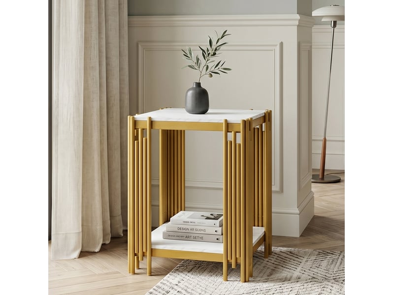  Table de chevet à 2 niveaux en mdf effet marbre, métal doré, blanc, 43 x 40 x 54,7 cm  - Conforama D