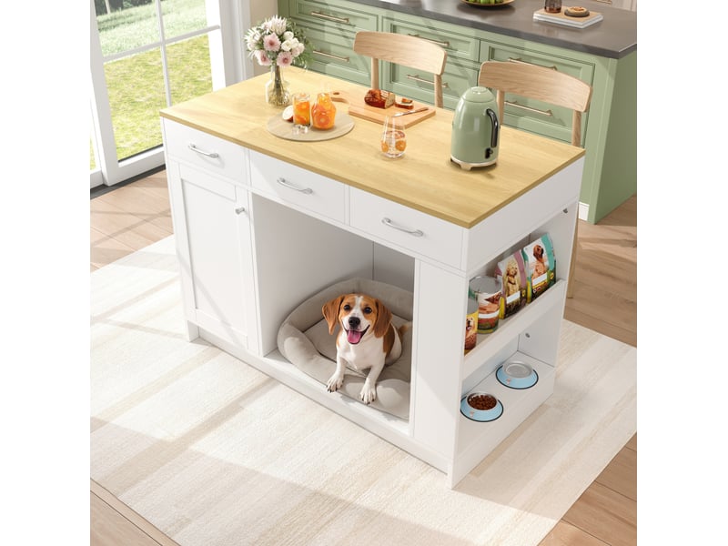 Îlot de cuisine 120x60x90 cm blanc en mdf avec 3 tiroirs et espace animaux - Conforama E