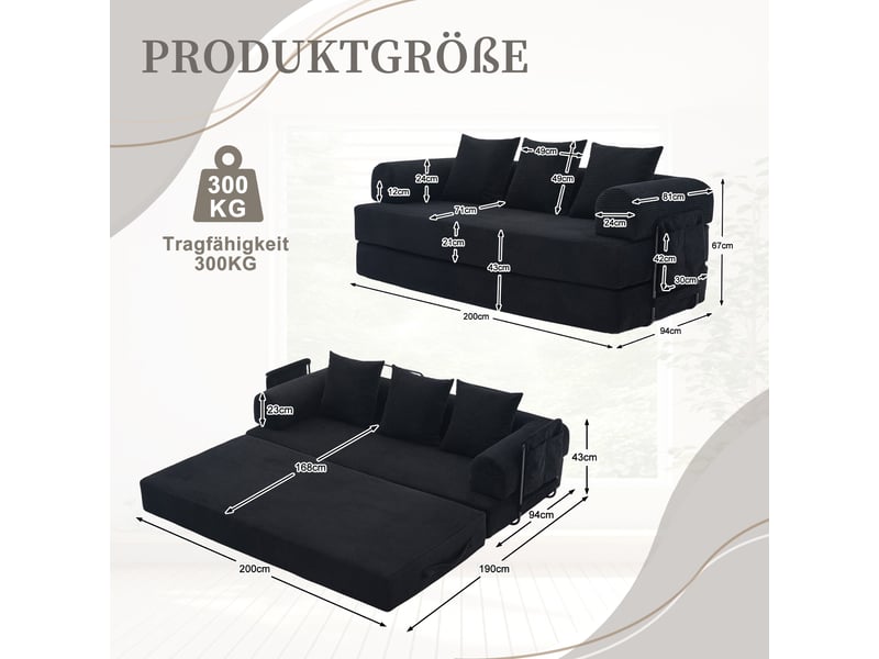  Canapé modulable compressé 3 places, 200x94x67 cm, pliable, structure métallique robuste, poche latérale, 3 coussins, velours côtelé noir  - Conforama C