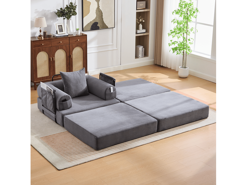  Canapé modulable 1 place avec repose-pieds en velours côtelé gris foncé  - Conforama B