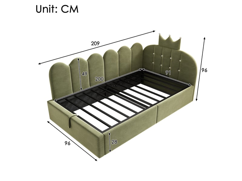 Lit simple 90x200 cm rangement hydraulique en velours vert  - Conforama E