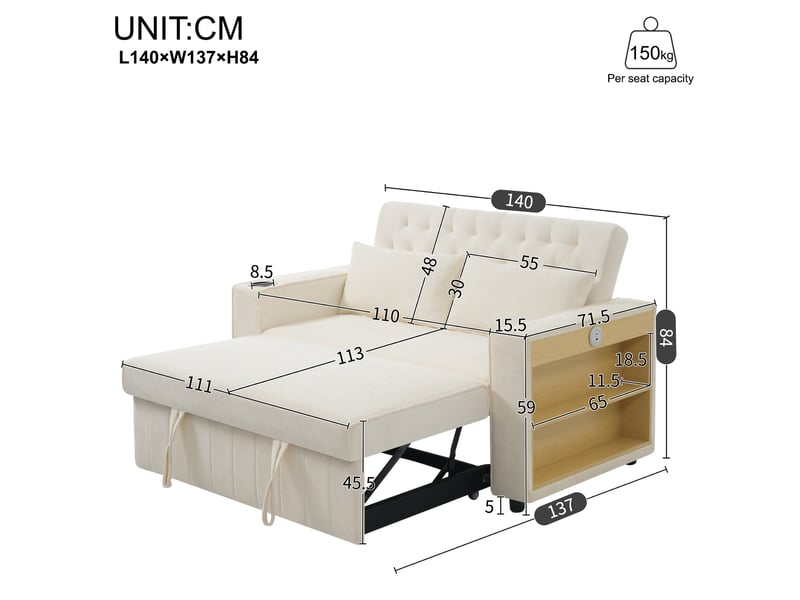 Canapé convertible 2 places avec dossier réglable, porte-gobelet, usb, étagère latérale, 2 coussins, tissu chenille - beige - Conforama D
