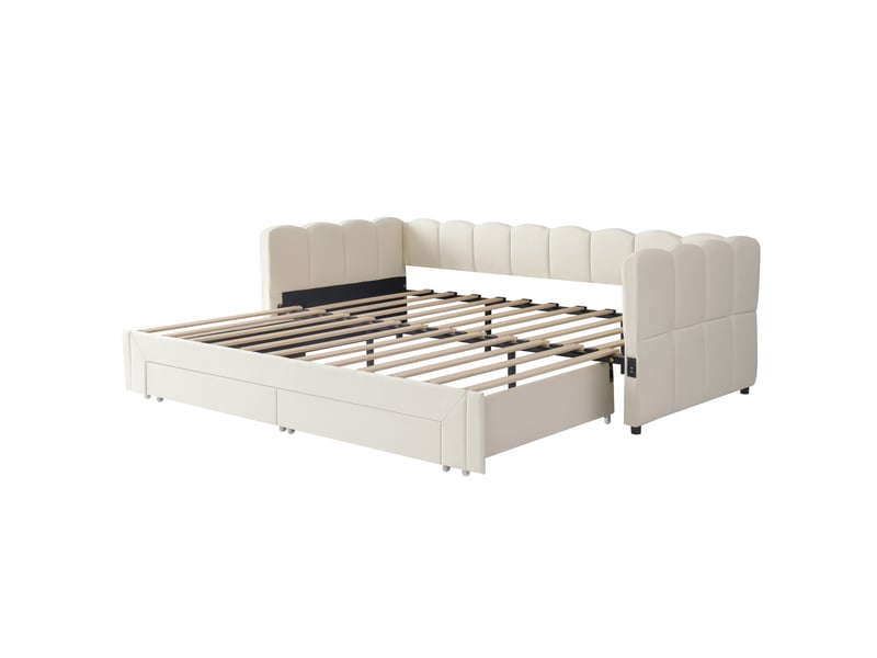 Lit banquette extensible 90 × 200 à 180 × 200 cm, 2 tiroirs, tissu effet lin beige IKSETERA TRADING LTD - Conforama W