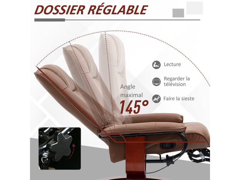  Fauteuil relax inclinable pivotant repose-pied réglable piètement bois revêtement synthétique marron  - Conforama E