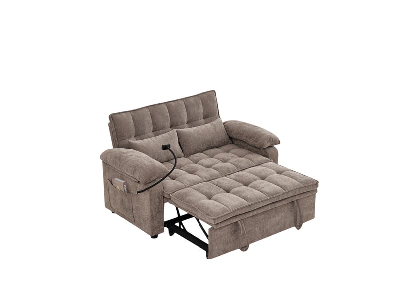 Canapé droit 3-en-1 de 142 cm de large, convertible avec fonction chaise longue, deux coussins lombaires, plateau et porte-gobelets, marron - Conforama A