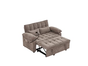 Canapé droit 3-en-1 de 142 cm de large, convertible avec fonction chaise longue, deux coussins lombaires, plateau et porte-gobelets, marron