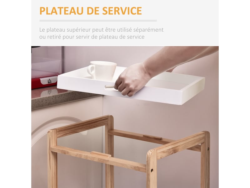  Chariot de service desserte de cuisine à roulettes 2 étagères + plateau amovible bois de pin blanc mdf  - Conforama E