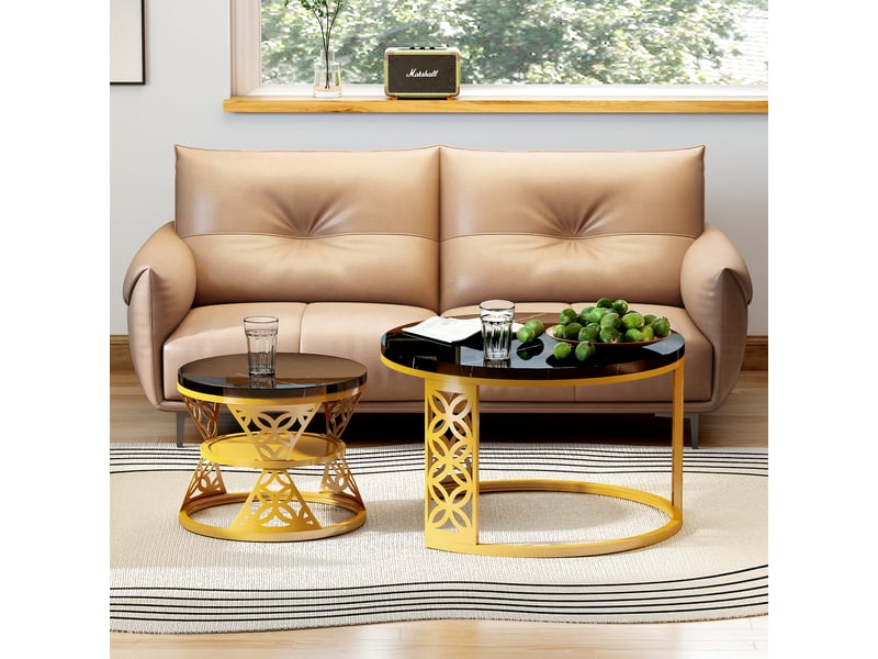  Table basse gigogne ronde 2 pièces effet marbre noir structure métal doré cravdom  - Conforama C