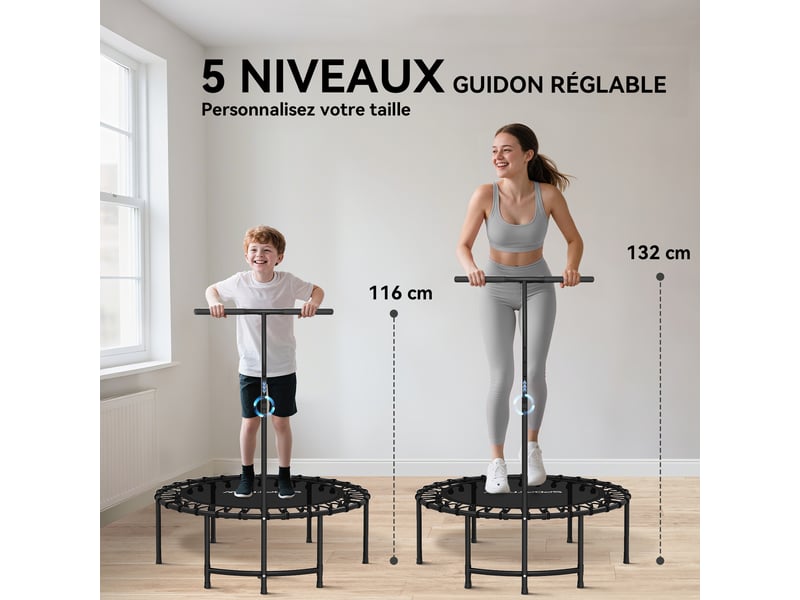  Trampoline de fitness avec cordes élastiques, poignée réglable 5 positions, capacité 100 kg, acier, ø102x132cm, noir  - Conforama D