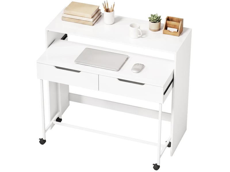  Bureau d'ordinateur extensible 100 cm avec 2 tiroirs, bureau avec rangement, style moderne, blanc  - Conforama B