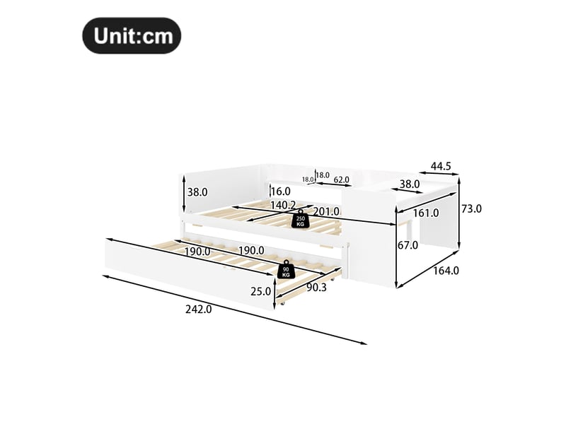  Lit double 140x200 en bois avec bureau intégré et lit gigogne 90x190 - blanc  - Conforama C