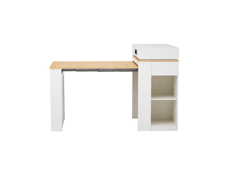 Îlot de cuisine mobile 83 cm avec table extensible, prises intégrées et verre cannelé, blanc Jamama eleni - Conforama W