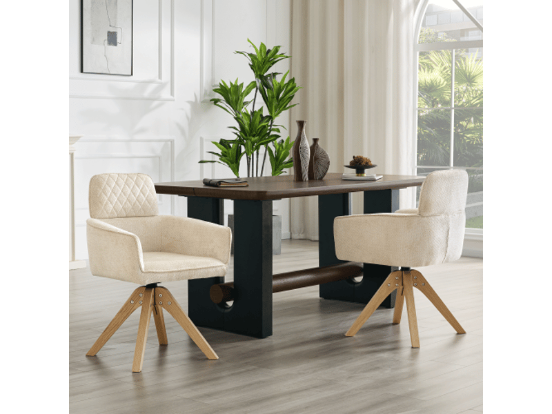 Ensemble de 2 chaises wabi-sabi pivot 360°, damier crème, pieds bois massif carrés – cuisine ouverte ou bureau - Conforama D