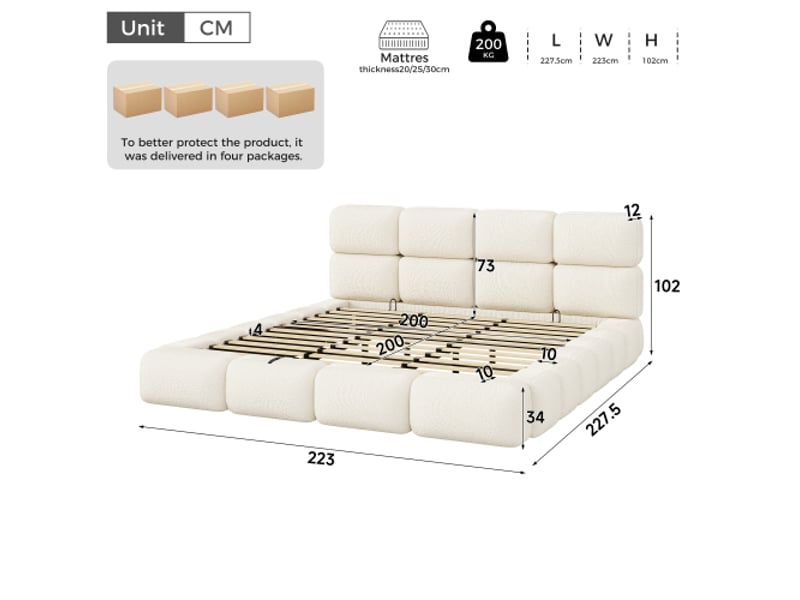  Lit double 200x200 cm rembourré avec coffre de rangement hydraulique, tête de lit et base à lattes, bubble bouclé blanc  - Conforama C
