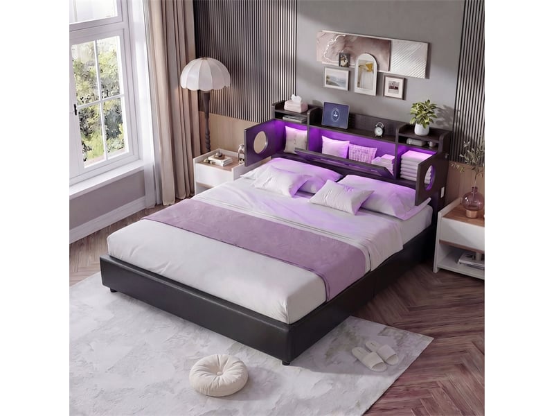  Lit 140x200cm - lit coffre 140x200cm - sommier relevable, tête de lit à rangement, led rgb, ports usbtype-c et prise eu - noir  - Conforama C