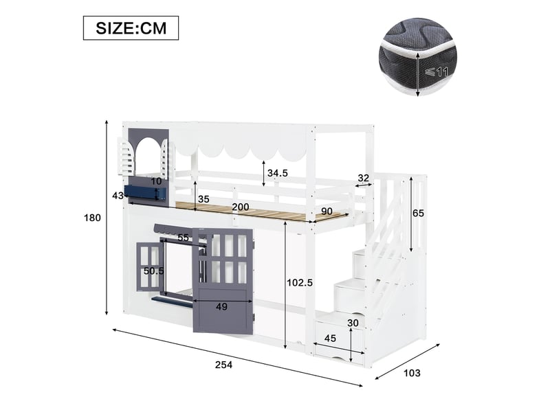 Lit mezzanine enfant 90x200 cm avec escalier de rangement, blanc et bleu  - Conforama E