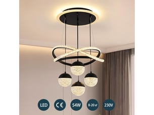 Suspension pour table à manger en cristal noir, 4 lumières, intensité variable | suspension led 54 w, hauteur réglable, intensité variable