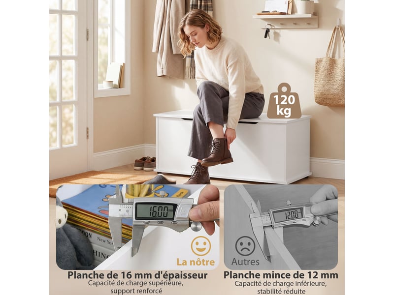 Coffre de rangement, banc de rangement avec couvercle rabattable et charnières de sécurité, banc chaussures, meuble d'entrée, couloir, chambre, salon, blanc, 100 x 40 x 40 cm - Conforama R