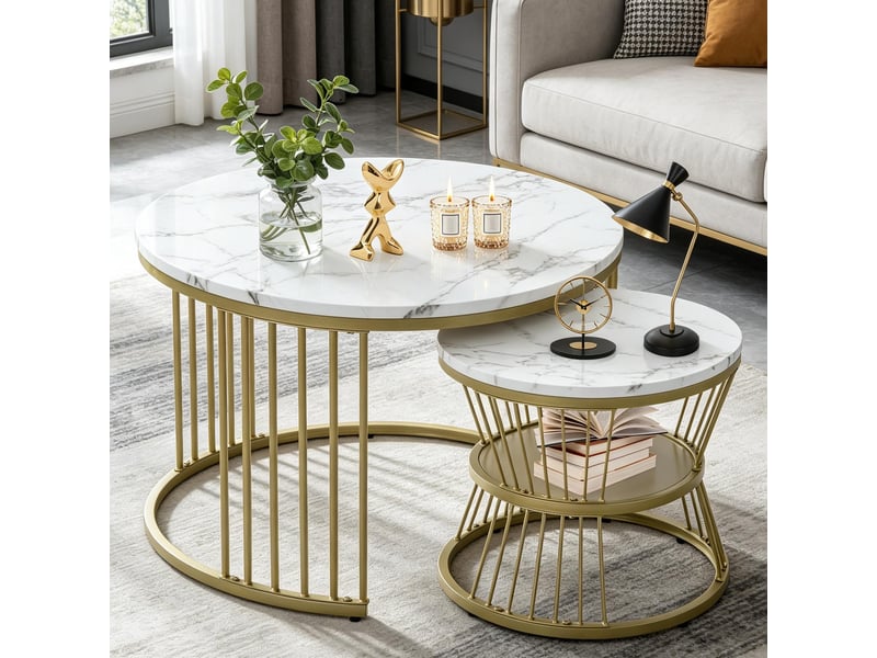Ensemble de deux tables basses – table basse de salon – table basse – texture marbre blanc – piètement doré – design luxueux et discret - Conforama B