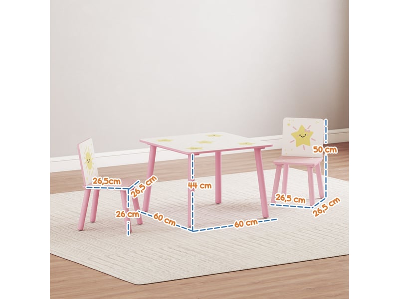  Ensemble table et chaises pour enfants 3 pièces, table et 2 chaises en pin pour enfants de 3 ans et plus, 60 x 60 x 44 cm, rose  - Conforama D