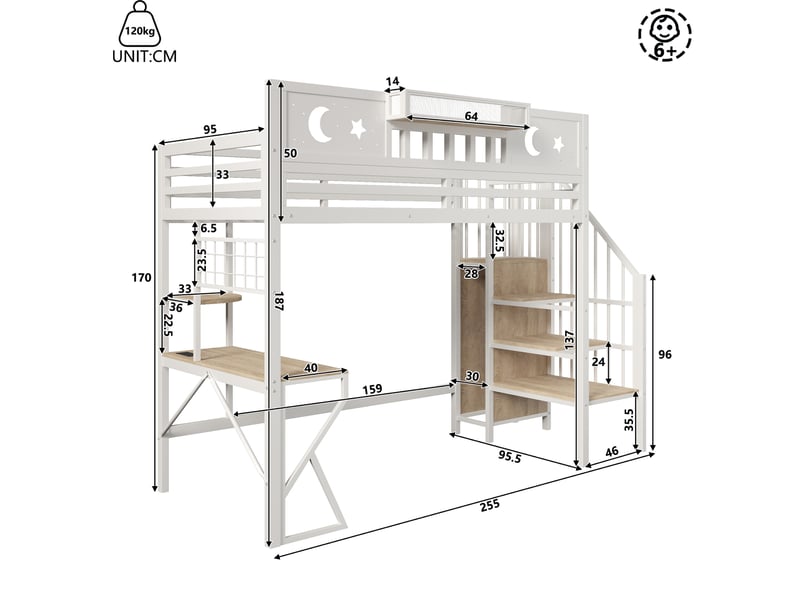  Lit mezzanine enfant 90x200 cm, bureau rangements escalier, led usb, structure métal mdf blanc sans matelas  - Conforama C