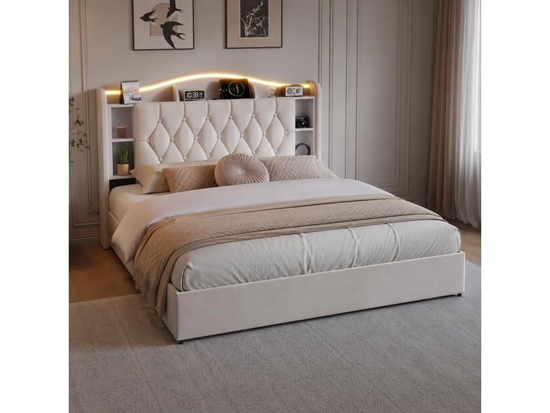  Lit coffre double 160x190 cm avec led rgb, tête de lit étagère et prise usb type-c chargeur, structure solide en velours capitonnée, beige  - Conforama C