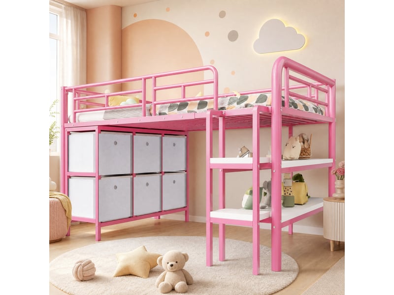  Lit mezzanine enfant bas 90 x 200 cm rose en métal avec rangements  - Conforama D