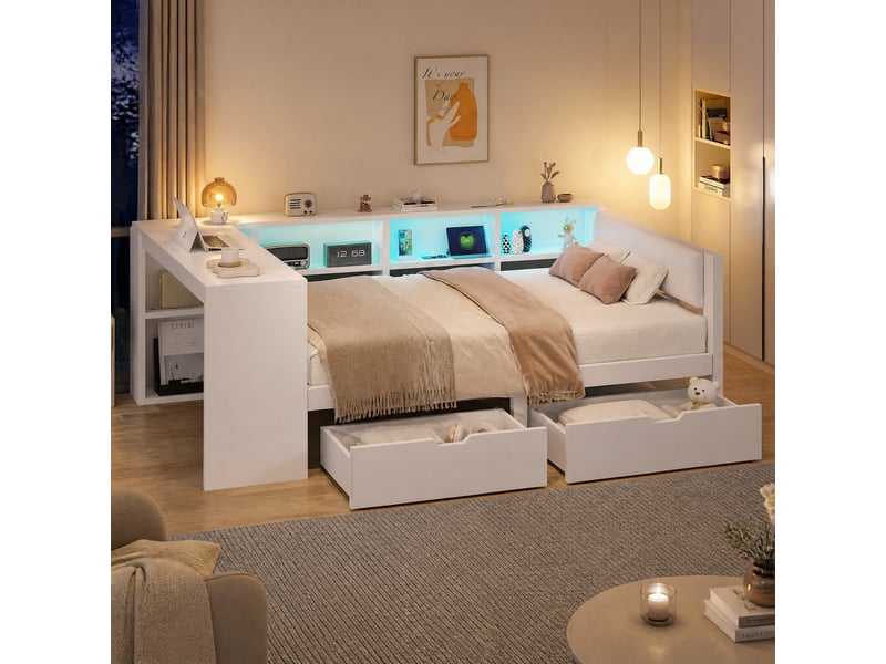  Lit plateforme 140 x 200 cm blanc avec rangements, tiroirs, led et station de charge  - Conforama C