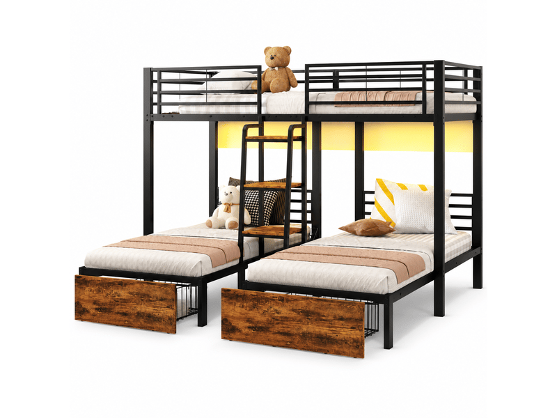  Lit superposé triple en l, 3 couchages 90x200cm noir, échelle 4 marches, bibliothèque intégrée, tablette inférieure et garde-corps, métal et mdf  - Conforama A