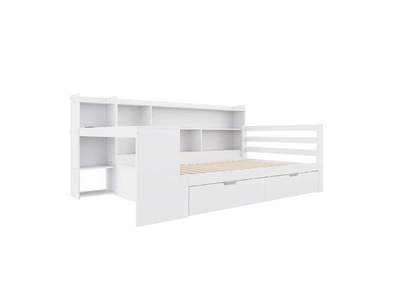 Lit banquette avec bureau et rangements, bois massif blanc, 90x200 cm, prise intégrée - Conforama A