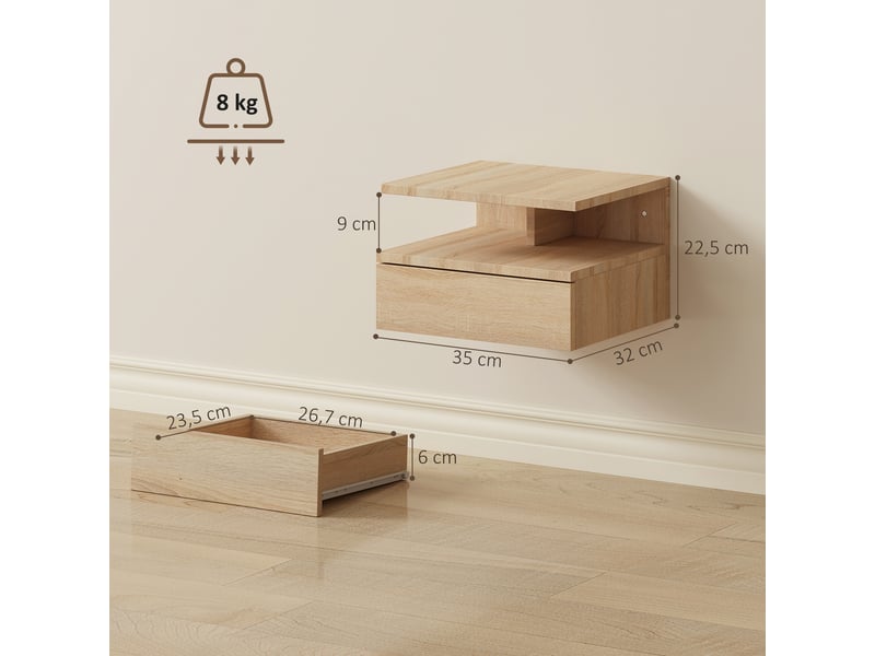  Lot de 2 tables de chevet murales, tables de nuit suspendues avec tiroir, étagère ouverte, 35x32x22,5cm, chêne  - Conforama E