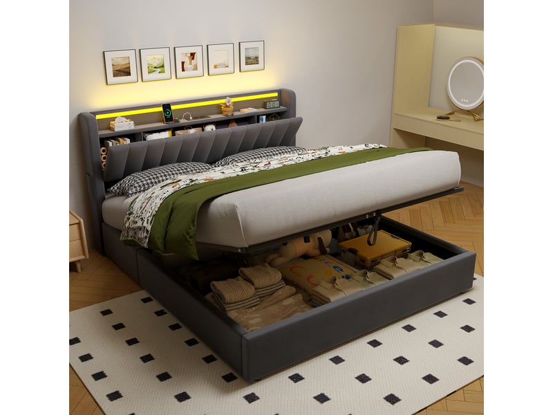 Lit rembourré ulevr 180 x 200 cm avec rangement intégré, port usb et éclairage d’ambiance, velours gris foncé - Conforama D