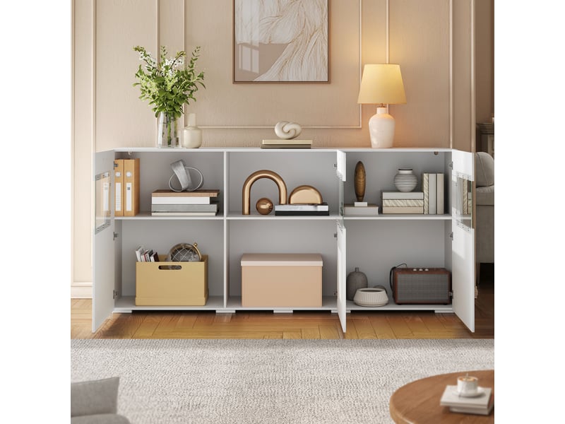  Buffet vitrine avec led pilotée par appli, 3 portes vitrées et grand rangement fermé pour salon ou salle à manger, panneaux de particules ABC - Conforama B