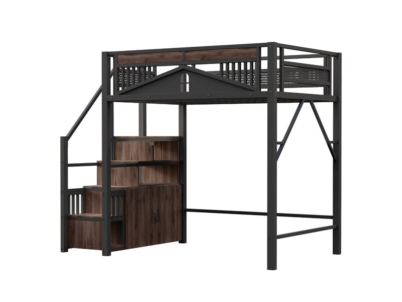 Lit mezzanine 140x200 cm avec barrière, escalier et placard, noir et brun, sans matelas  - Conforama D