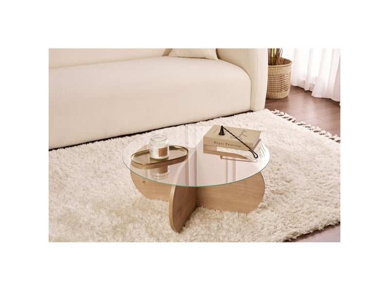  Table basse de salon en verre trempé et bois mdf mélaminé chêne saphir et transparent 75 x 75 x 35 cm  - Conforama B